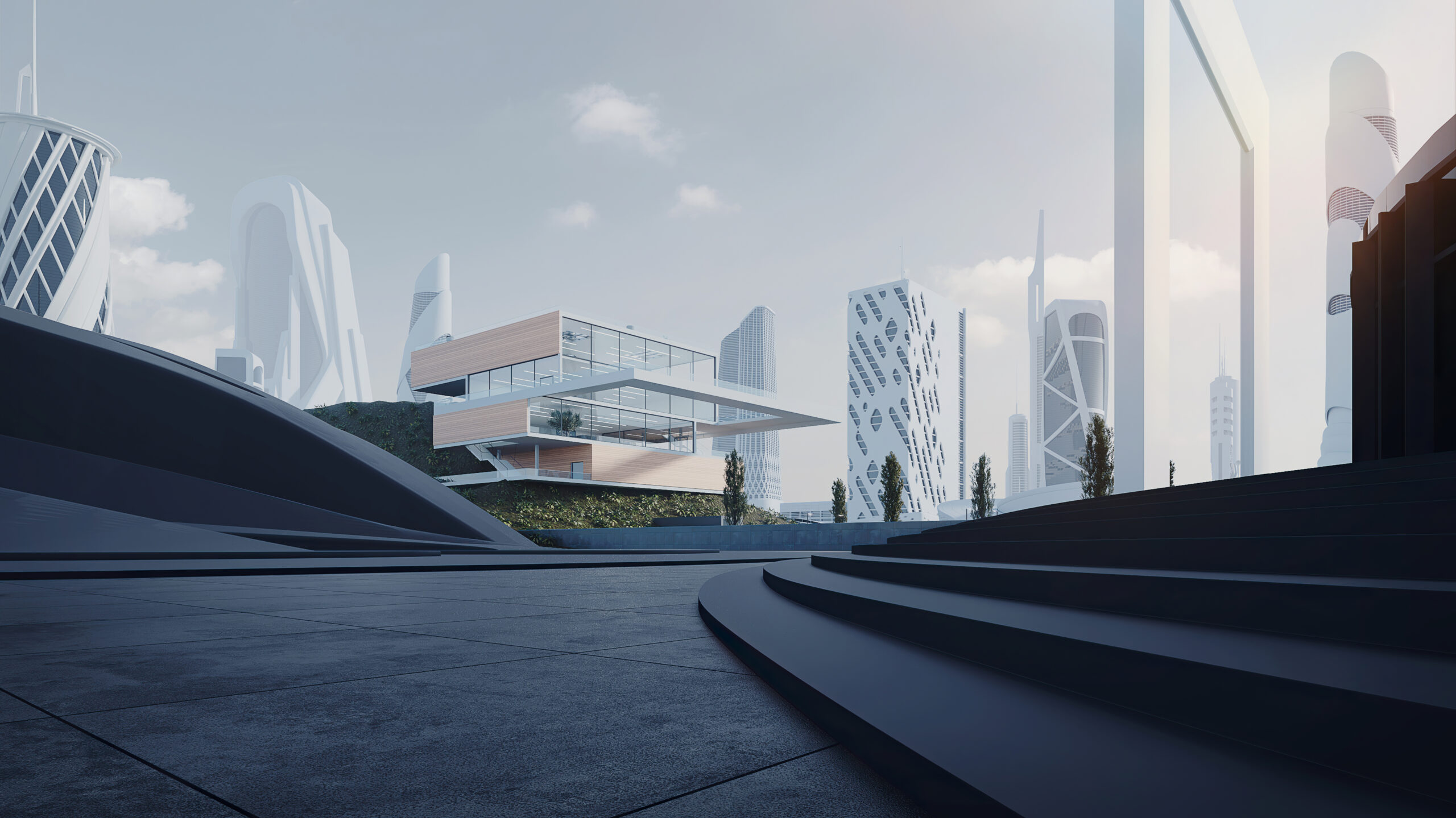 Ein modernes Museum in einer futuristischen Stadt der Zukunft