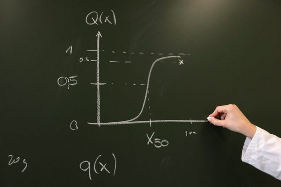 Hand schreibt Formel an Tafel (Foto: Christof Stache)