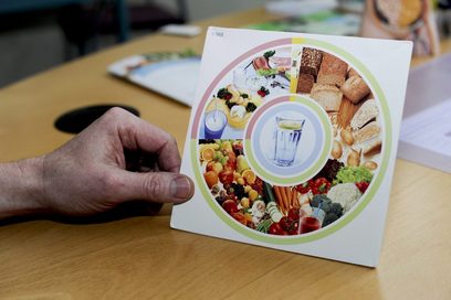 Nahaufnahme einer linken Hand, die auf einem Holztisch aufliegt und eine Karte mit einer Grafik zur gesunden Ernährung hält.