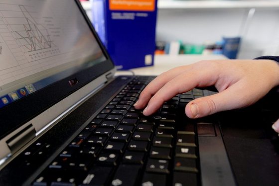 Eine Person arbeitet in ihrem Büro am Laptop an der grafischen Aufbereitung von Daten.