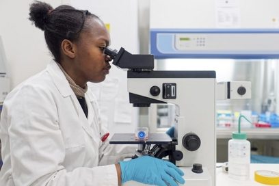 Eine Frau sitzt im Labor und blickt durch ein Mikroskop