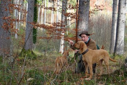 Ein Jäger im Laubwald mit seinen beiden Hunden