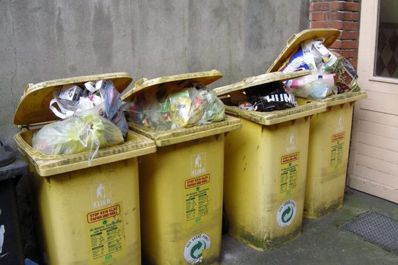 Das Foto zeigt vier Mülltonnen vor einer Hauswand.