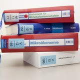 Vier Lehrbücher in verschiedenen Farben liegen aufeinander gestapelt. Die Titel lesen "Mathematik für Wirtschaftswissenschaftler", "Makroökonomik", "Mikroökonomie" und "Volkswirtschaftslehre". (Foto: Sonja Trabandt)