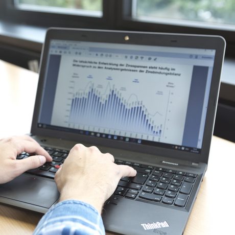 Hände tippen auf der Tastatur eines ThinkPad-Laptops, der Graphen anzeigt (Foto: Axel Jusseit)