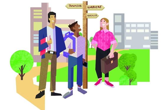 Illustration von drei junge Erwachsenen, die vor einem Wegweiser stehen, der metaphorisch die Wege ins Berufsleben beschreibt.