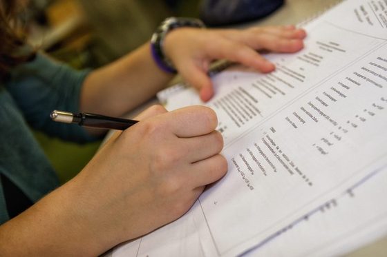 Schülerin hält einen Kugelschreiber in der Hand und bearbeitet die Aufgaben auf dem Papier