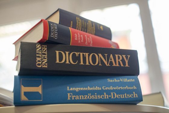 Verschiedene Wörterbücher liegen übereinander gestapelt auf einem Tisch. Im Hintergrund sind mehrere Fenster zu sehen.