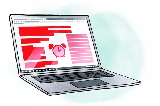 Illustration eines Laptops. Auf dem Bildschirm ist ein Artikel mit rotem Text und einem Wecker-Icon zu sehen.
