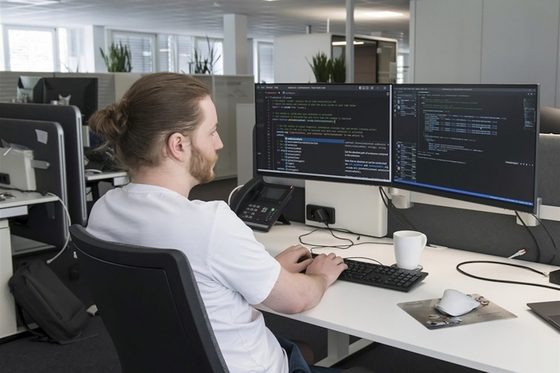 Ein Mann arbeitet vor zwei Computerbildschirmen am Schreibtisch im Großraumbüro.