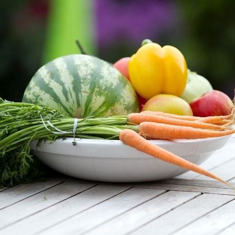 Das Foto zeigt einen Teller mit Obst und Gemüse.