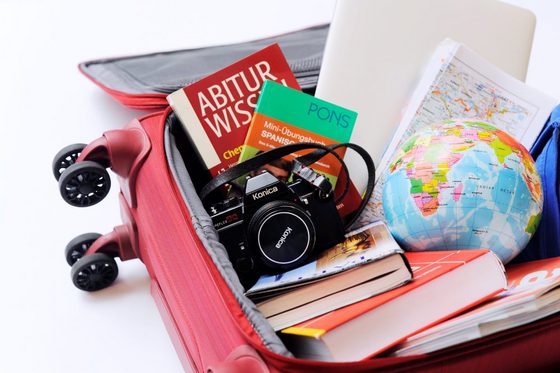 Blick in einen roten Trolle, in dem verschiedene Reiseutensilien sind wie etwa eine Kamera, Bücher, ein Laptop, T-Shirts. (Foto: Julien Fertl)