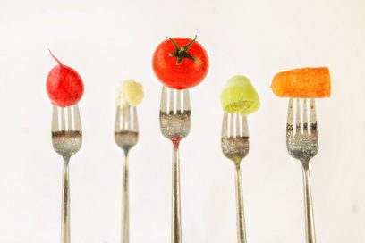 Das Foto zeigt fünf stehende Gabeln, auf denen Lebensmittel aufgespießt sind: Radieschen, Blumenkohl, Tomate, Lauch und Möhre.